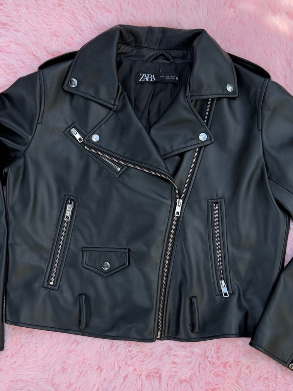 Zara Black Faux Leather Biker Moto Jacket Size XL Silver Hardware Oversized